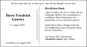 Traueranzeige von Horst Friedrich Ganster von Trauerportal Echo Online