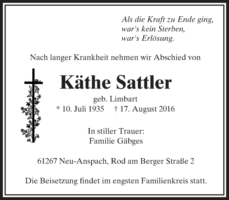  Traueranzeige für Käthe Sattler vom 20.08.2016 aus  Usinger Anzeiger