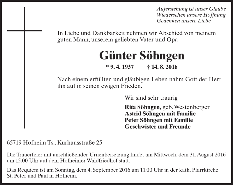  Traueranzeige für Günter Söhngen vom 26.08.2016 aus Trauerportal Rhein Main Presse