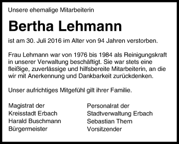Traueranzeige von Bertha Lehmann von Trauerportal Echo Online