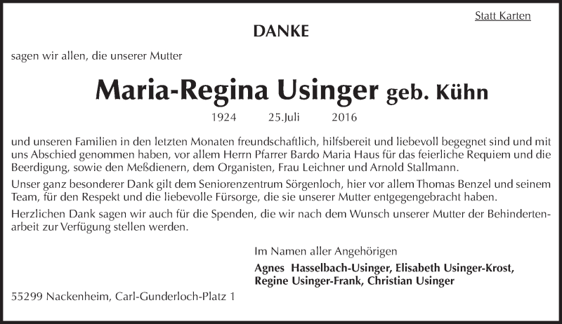  Traueranzeige für Maria-Regina Usinger vom 20.08.2016 aus Trauerportal Rhein Main Presse