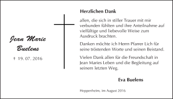 Traueranzeige von Jean Marie Buelens von Trauerportal Echo Online