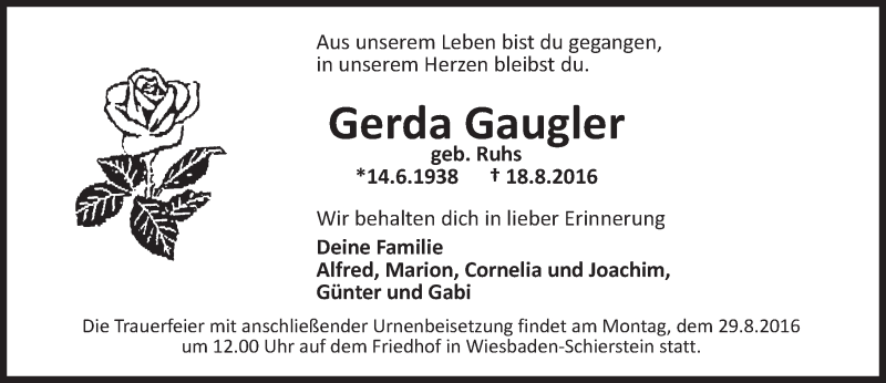  Traueranzeige für Gerda Gaugler vom 24.08.2016 aus Trauerportal Rhein Main Presse
