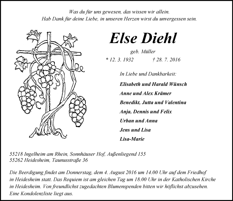  Traueranzeige für Else Diehl vom 02.08.2016 aus Trauerportal Rhein Main Presse
