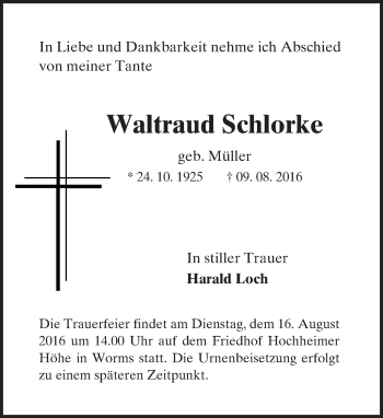Traueranzeige von Waltraud Schlorke von Trauerportal Rhein Main Presse