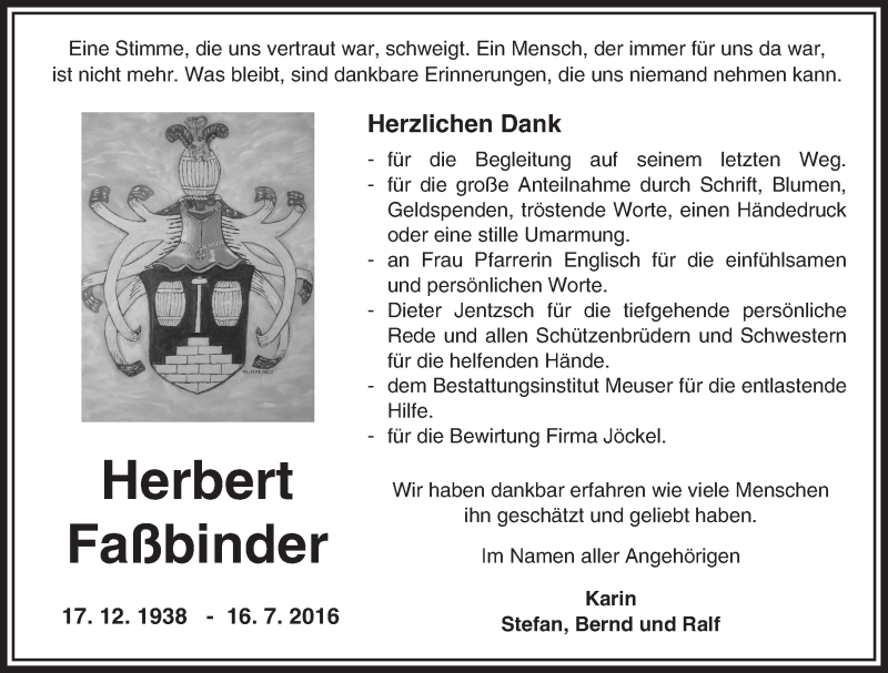  Traueranzeige für Herbert Faßbinder vom 20.08.2016 aus  Sonntags Anzeiger