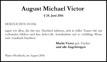 Traueranzeige von August Michael Victor von Trauerportal Rhein Main Presse