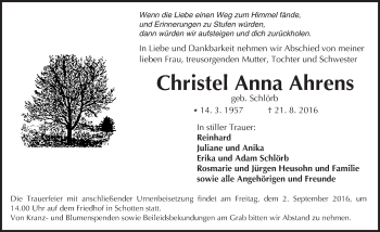 Traueranzeige von Christel Anna Ahrens von  Kreisanzeiger