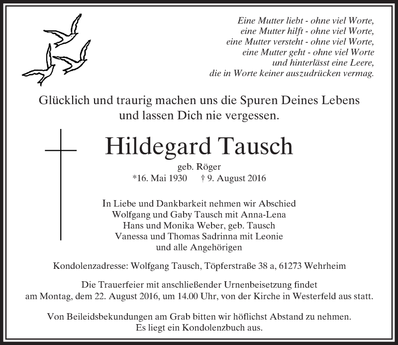  Traueranzeige für Hildegard Tausch vom 13.08.2016 aus  Usinger Anzeiger