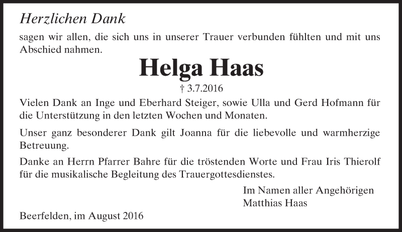  Traueranzeige für Helga Haas vom 05.08.2016 aus Trauerportal Echo Online