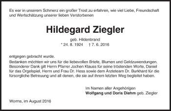 Traueranzeige von Hildegard Ziegler von Trauerportal Rhein Main Presse