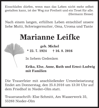 Traueranzeige von Marianne Leifke von Trauerportal Rhein Main Presse