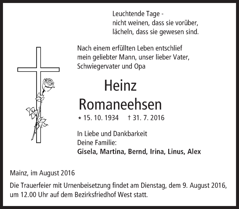  Traueranzeige für Heinz Romaneehsen vom 06.08.2016 aus Trauerportal Rhein Main Presse