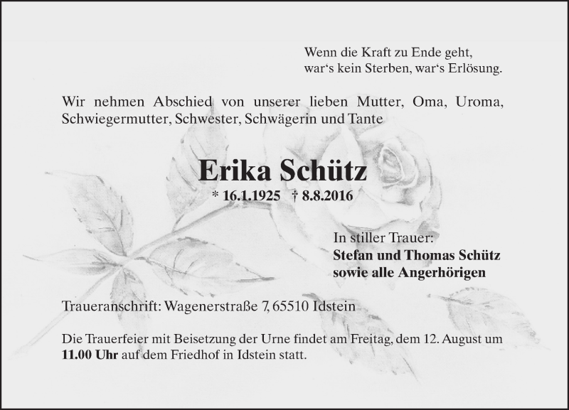  Traueranzeige für Erika Schütz vom 10.08.2016 aus Trauerportal Rhein Main Presse