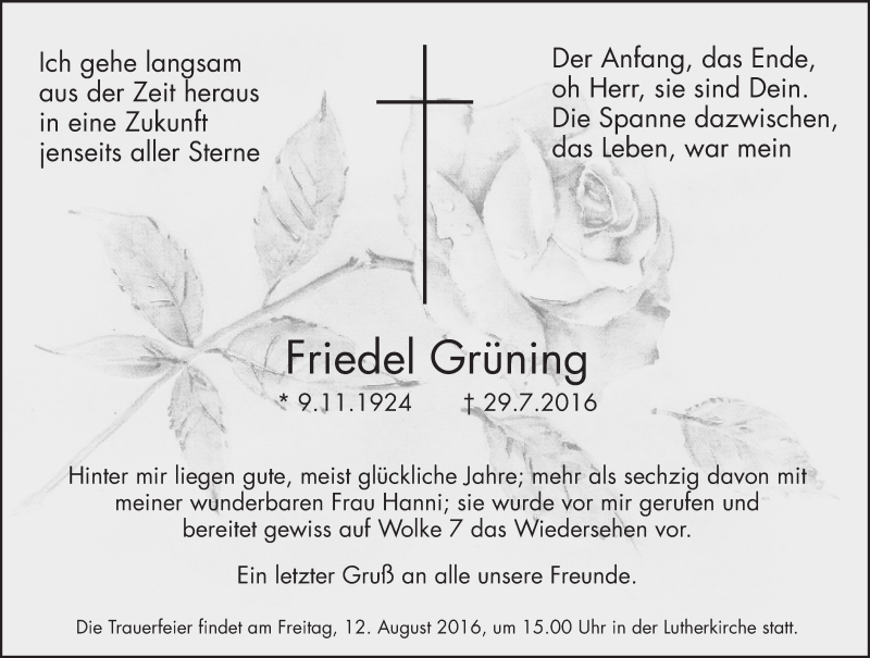  Traueranzeige für Friedel Grüning vom 06.08.2016 aus Trauerportal Rhein Main Presse