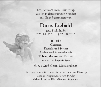 Traueranzeige von Doris Liebald von Trauerportal Echo Online