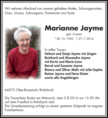 Traueranzeige von Marianne Jayme von Darmstädter Echo