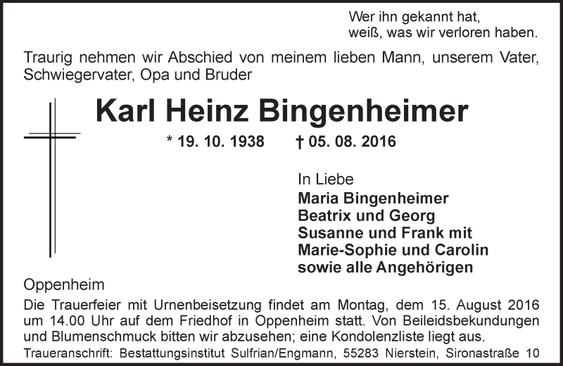  Traueranzeige für Karl Heinz Bingenheimer vom 11.08.2016 aus Trauerportal Rhein Main Presse