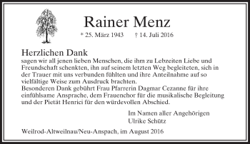 Traueranzeige von Rainer Menz von  Usinger Anzeiger