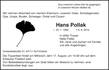 Traueranzeige von Hans Pollak von Trauerportal Echo Online