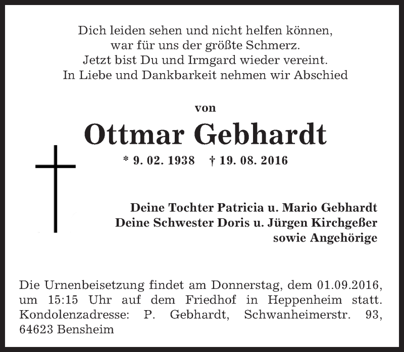  Traueranzeige für Ottmar Gebhardt vom 27.08.2016 aus Trauerportal Rhein Main Presse