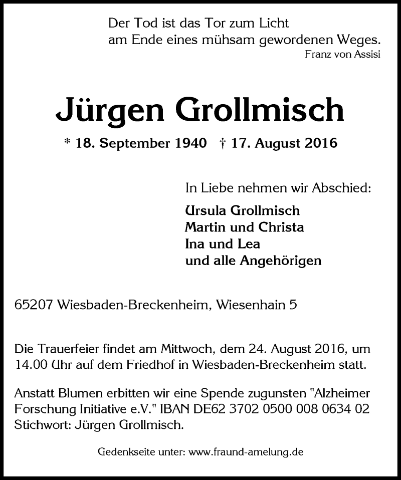  Traueranzeige für Jürgen Grollmisch vom 20.08.2016 aus Trauerportal Rhein Main Presse