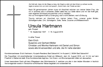 Traueranzeige von Ursula Hartmann von VRM Trauer