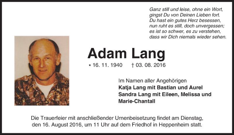  Traueranzeige für Adam Lang vom 13.08.2016 aus Trauerportal Echo Online