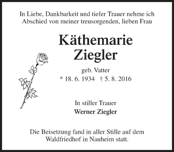 Traueranzeige von Käthemarie Ziegler von Trauerportal Echo Online