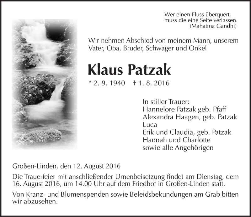  Traueranzeige für Klaus Patzak vom 12.08.2016 aus  Gießener Anzeiger