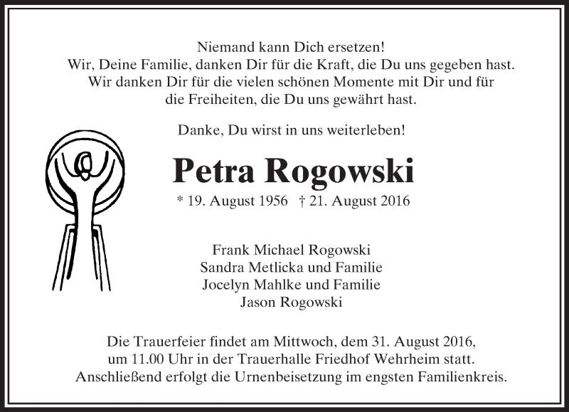  Traueranzeige für Petra Rogowski vom 27.08.2016 aus  Usinger Anzeiger