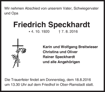 Traueranzeige von Friedrich Speckhardt von Trauerportal Echo Online