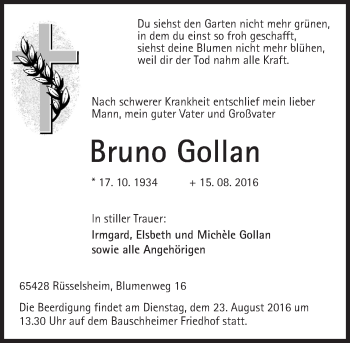 Traueranzeige von Bruno Gollan von Trauerportal Rhein Main Presse