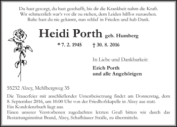 Traueranzeige von Heidi Porth von Trauerportal Rhein Main Presse