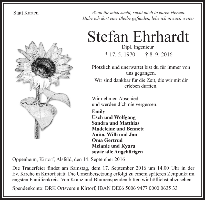 Traueranzeige für Stefan Ehrhardt vom 14.09.2016 aus VRM Trauer