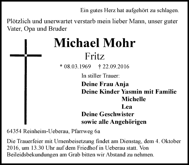  Traueranzeige für Michael Mohr vom 01.10.2016 aus Trauerportal Echo Online
