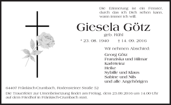 Traueranzeige von Giesela Götz von Trauerportal Echo Online