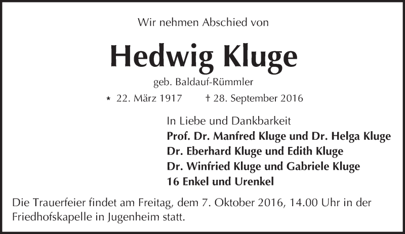  Traueranzeige für Hedwig Kluge vom 01.10.2016 aus Trauerportal Echo Online