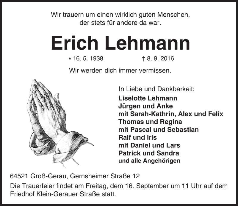  Traueranzeige für Erich Lehmann vom 13.09.2016 aus Trauerportal Echo Online