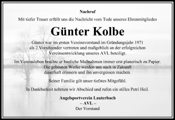 Traueranzeige von Günter Kolbe von VRM Trauer