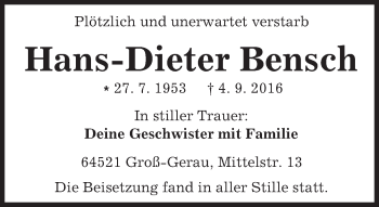 Traueranzeige von Hans-Dieter Bensch von Trauerportal Echo Online