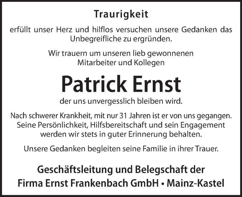  Traueranzeige für Patrick Ernst vom 03.09.2016 aus Trauerportal Rhein Main Presse