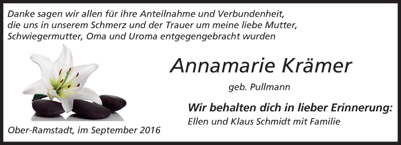  Traueranzeige für Annamarie Krämer vom 24.09.2016 aus Trauerportal Echo Online