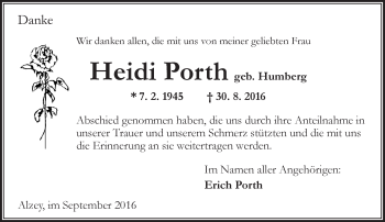 Traueranzeige von Heidi Porth von Trauerportal Rhein Main Presse
