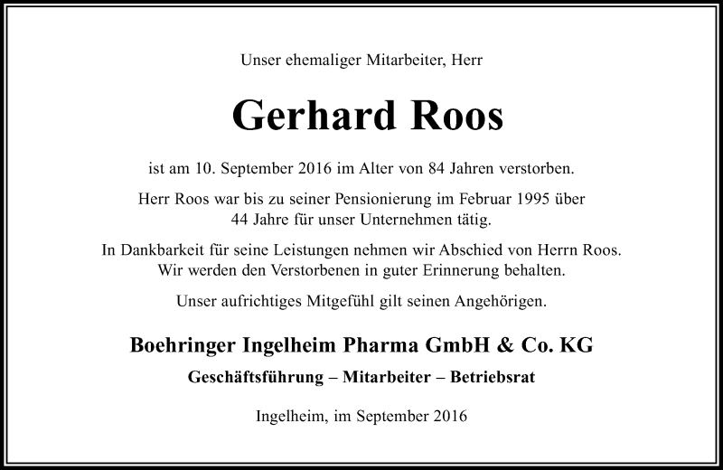  Traueranzeige für Gerhard Roos vom 24.09.2016 aus Trauerportal Rhein Main Presse