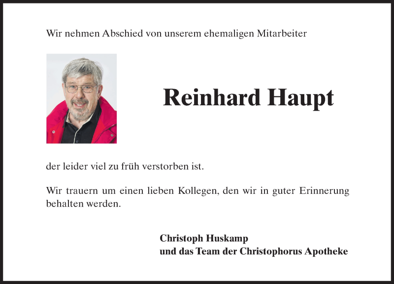  Traueranzeige für Reinhard Haupt vom 30.09.2016 aus Trauerportal Rhein Main Presse