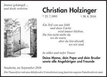 Traueranzeige von Christian Holzinger von Trauerportal Echo Online