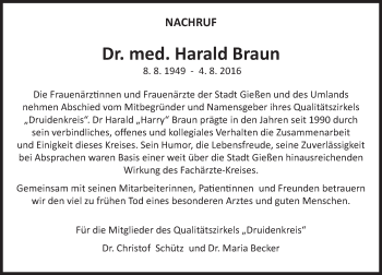 Traueranzeige von Harald Braun von  Gießener Anzeiger