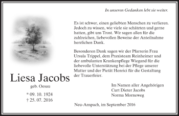 Traueranzeige von Liesa Jacobs von  Usinger Anzeiger