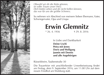 Traueranzeige von Erwin Glemnitz von Trauerportal Rhein Main Presse